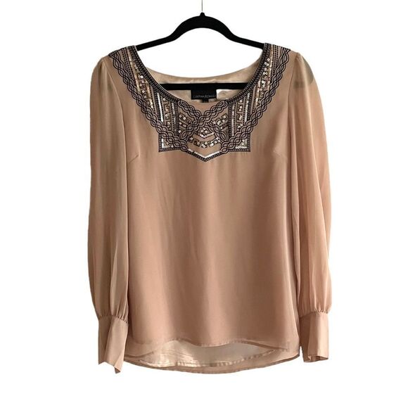 CYNTHIA ROWLEY Blouse Embellished Embroidery Beading Nude M - Picture 1 of 8
